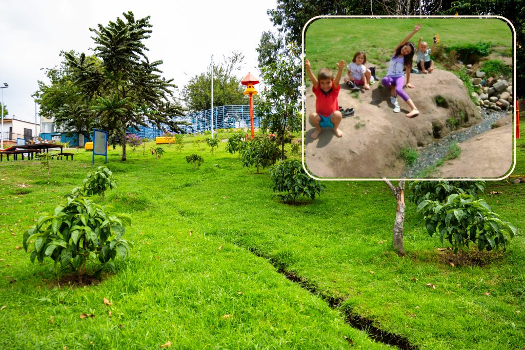 Dos momentos del mismo lugar en el parque de La Enea, en Manizales. A la izquierda, los nietos de Antonio Torres juegan junto al agua hace 17 años. A la derecha, así luce hoy este mismo sector, después de las intervenciones realizadas en el parque. Foto por Alejandro Jiménez.